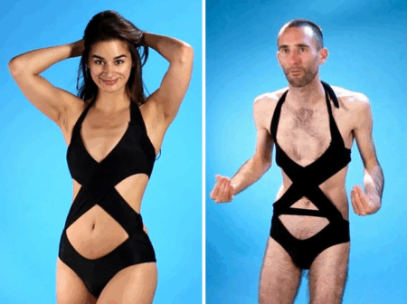 Homens experimentam biquínis