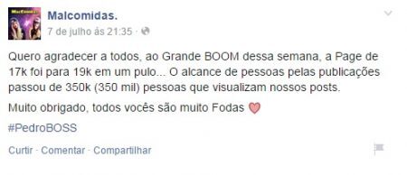 Postagem em agradecimento aos milhares de novos fãs da página