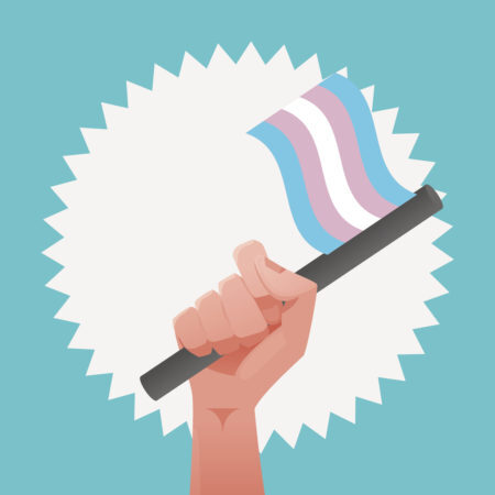 desenho de uma mão segurando a bandeira trans em apoio a luta contra a transfobia