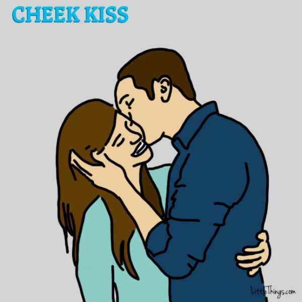 Homem e mulher, beijo na bochecha, mostrar casal apaixonado, amor