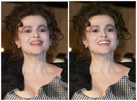 Os dentes brancos na foto à direita de Helena Bonham Carter, de 49, fizeram com que ela parecesse 7 anos mais jovem