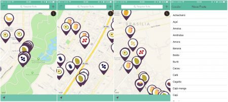 Screenshots da tela de mapa e lista de frutas do aplicativo "Fruit Map"