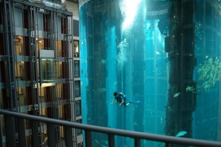 Este aquário gigante é parte de um poço de um elevador do prédio onde ele está localizado. Ali vivem mais de 1500 peixes.