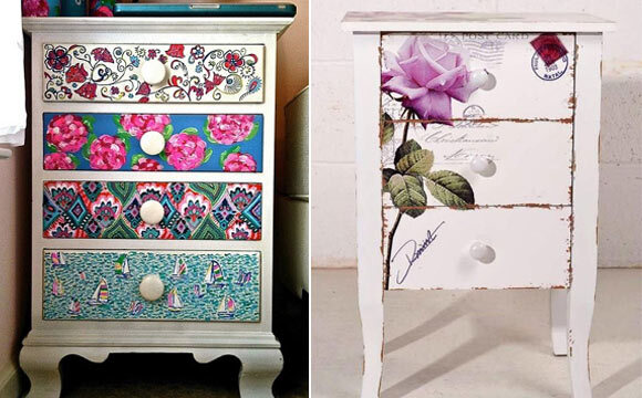 Aplicação de plástico colorido ou adesivo é uma maneira prática e rápida de reformar o criado mudo (Foto: Reprodução/Pinterest)