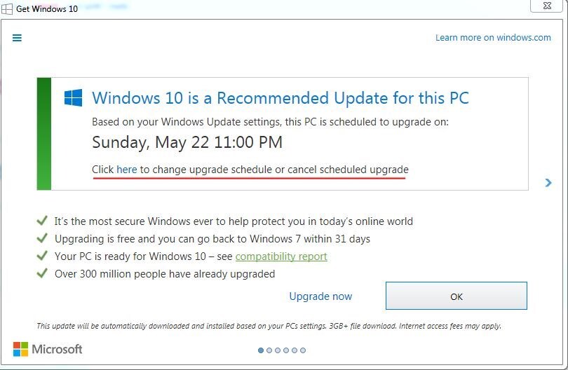 Janela que agenda a atualização do Windows 10 ao invés de cancelá-la se for fechada.