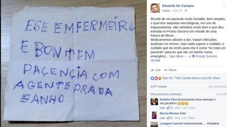 “Esse enfermeiro é bom, tem paciência com a gente pra dar banho” diz o bilhete