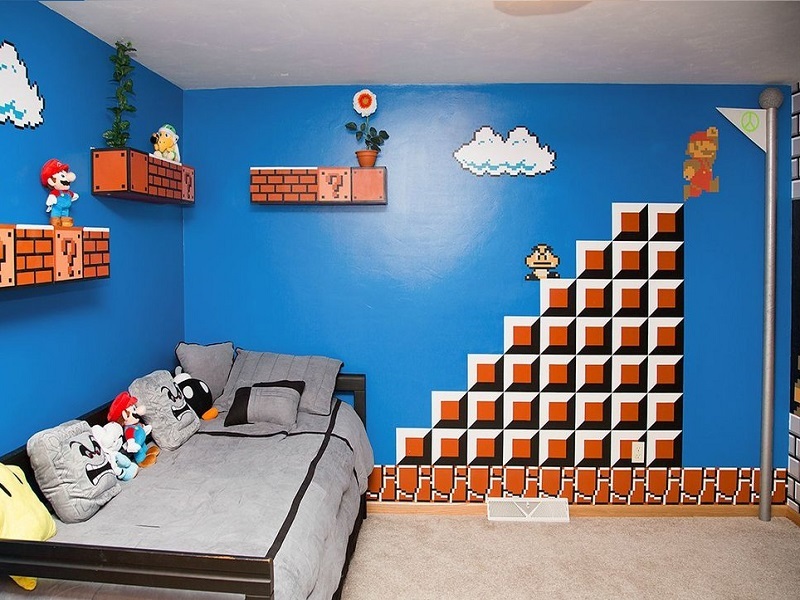 Quarto temático com fase do jogo Super Mário