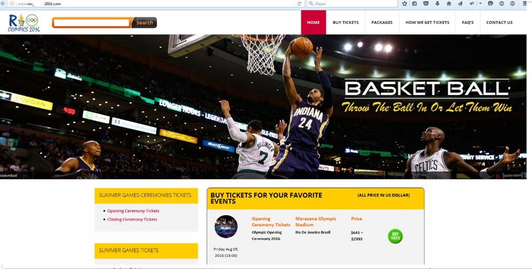 Exemplo de site falso utilizando um domínio relacionado aos Jogos Olímpicos.