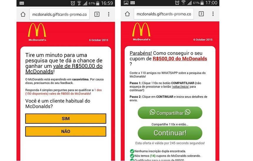 Imagem de golpe que oferece cupom falso do McDonalds