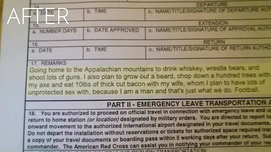“Vou para casa na cordilheira Alpalaches para beber whiskey, lutar com ursos e atirar com muitas armas. Também planejo deixar a barba crescer, derrubar 100 árvores com meu machado e comer 4,5 kg de bacon cortado grosso com minha esposa, com quem quero fazer muito sexo sem proteção, porque sou um homem e isso é tudo que fazemps. Futebol“.