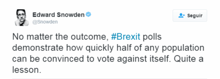 “Não importa o resultado, a votação da #Brexit mostra como metade de qualquer população é convencida rapidamente de votar contra ela mesma. Uma lição e tanto.”