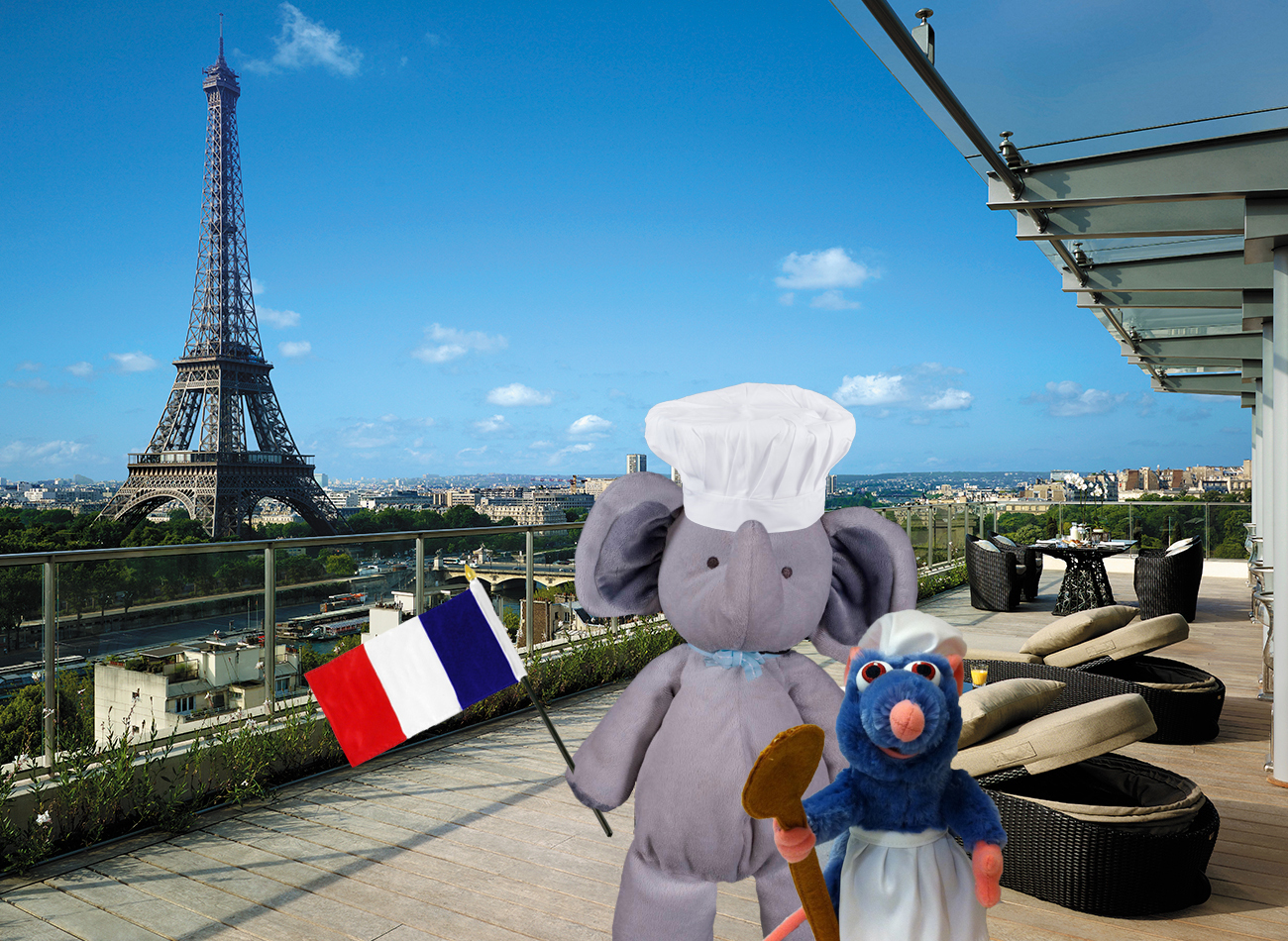 Na França, com o Rémy de Ratatouille