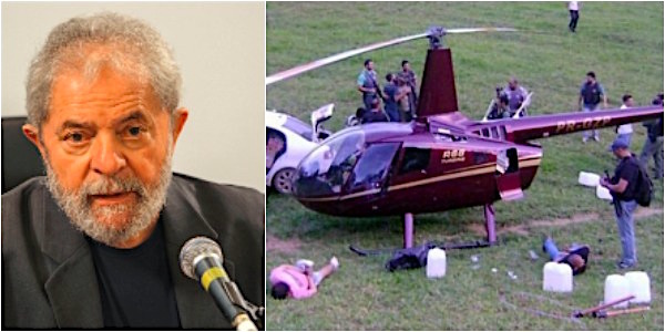 Lula, a esquerda, e o helicóptero da família de Gustavo Perrela encontrado repleto de cocaína numa fazenda