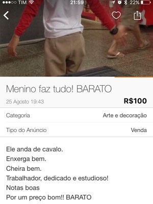 Fotos de garoto de Brasília anunciado por R$ 100 como menino ‘faz tudo’ em site de vendas