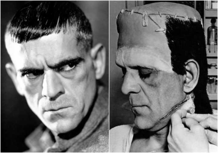 O ator Boris Karloff, de “Frankenstein” (1931), antes e depois da caracterização do personagem