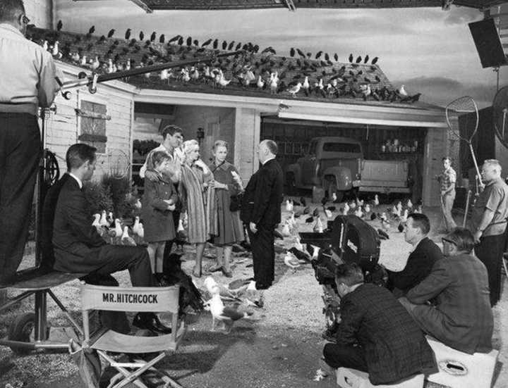 O diretor Alfred Hitchcock conversando com o elenco de “Os Pássaros” (1963)