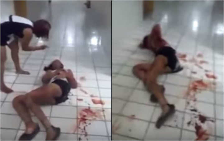 No vídeo, a travesti aparece ensanguentada no chão de um hospital