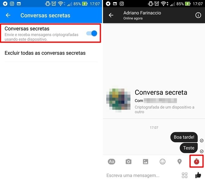 Local onde deve-se ativar as conversas secretas e o botão do temporizador que define o tempo em que as mensagens vão sumir