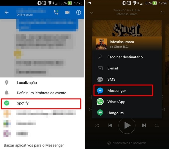 Compartilhando músicas a partir do Messenger e do Spotify