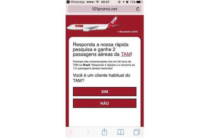 Golpe de passagem falsa da TAM se espalhou por redes como o WhatsApp