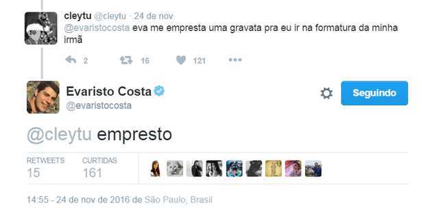 Evaristo Costa responde seguidor e diz que vai emprestar uma gravata pra ele