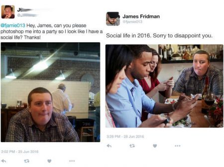 “Oi James, você pode fazer um Photoshop comigo em uma festa para que pareça que eu tenho uma vida social? Obrigada!” / “Vida social em 2016. Desculpa te desapontar.”