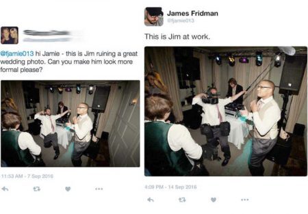 “Oi Jamie – este é Jim estragando uma ótima foto de casamento. Você pode fazer com que ele pareça mais formal, por favor?” / “Este é Jim trabalhando.”