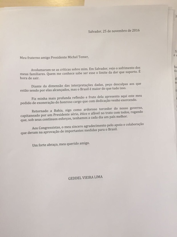 Carta de demissão apresentada por Geddel Vieira Lima ao presidente Michel Temer