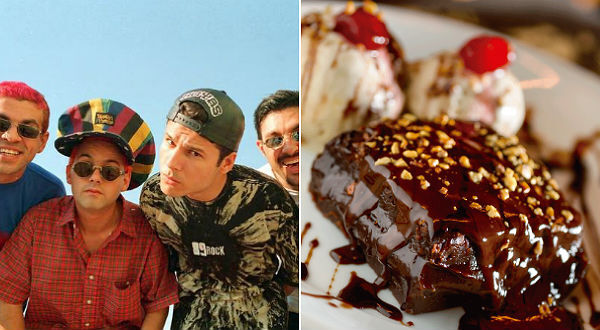 A banda Mamonas Assassinas ao lado do David Brownie, do Rocn’N’Roll Burger