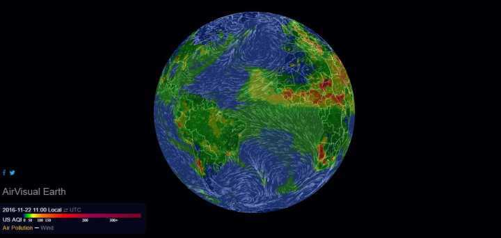 O mapa francês mostra os índices de poluição ao redor do mundo