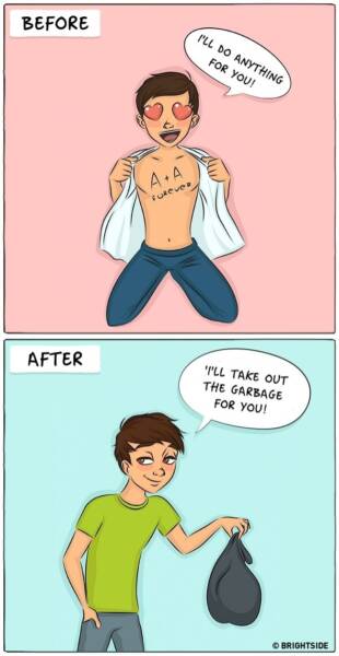 Antes: “Eu faria tudo por você”/ Depois: “Eu levo o lixo para fora”