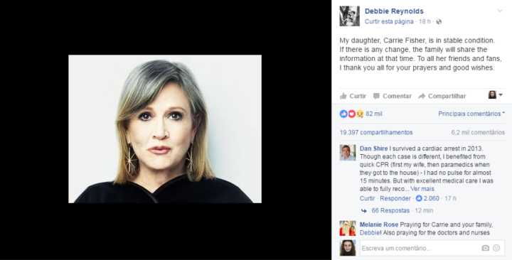 Mãe de Carrie Fisher divulga estado da atriz no Facebook.