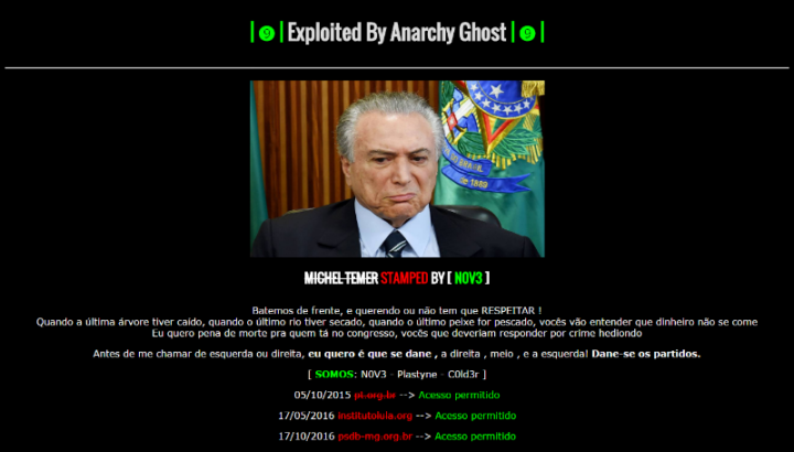 Site do presidente Michel Temer foi hackeado por grupo que diz que Congresso deve responder por crime hediondo.