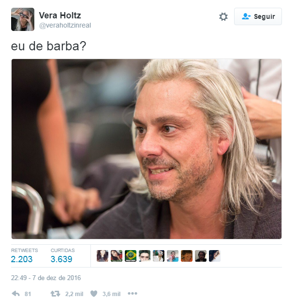 Vera Holtz brinca com o ator Alexandre Nero: “eu de barba?”