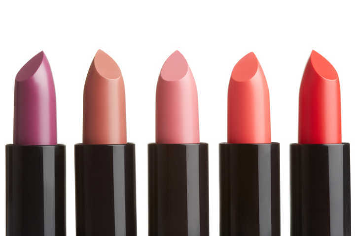 Five lipstick colorful collection with purple, brown, pink, coral, red, colors isolated on white, clipping path included