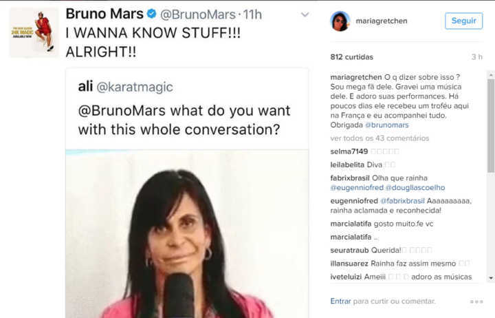 Gretchen também foi ao Instagram pedir o contato de Bruno Mars