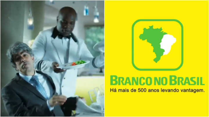 O quadro faz uma paródia de comerciais de banco e critica o privilégio de pessoas brancas