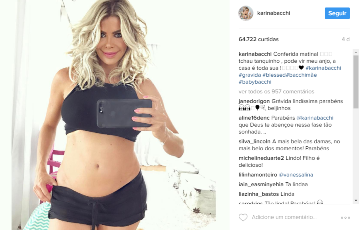 Karina Bacchi, grávida de 13 semanas, dá adeus à barriga tanquinho