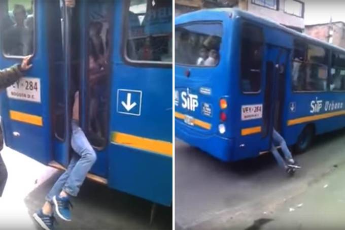 Bandido é preso pelas pernas em porta de ônibus e conduzido à delegacia