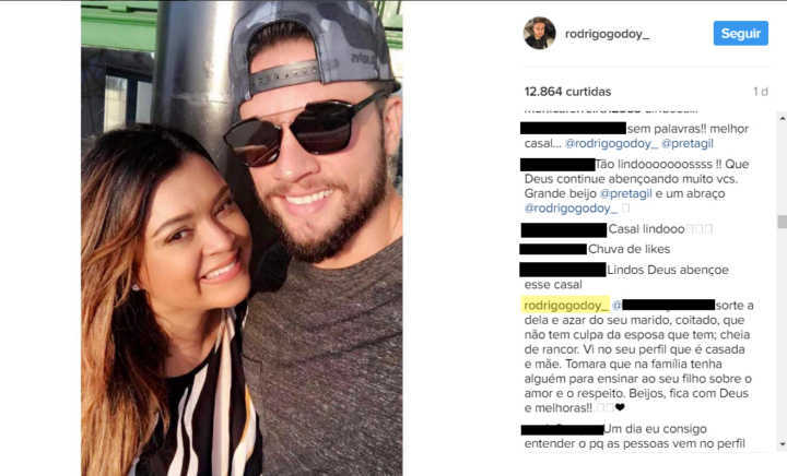 Rodrigo não gostou nem um pouco de um comentário feito na sua foto com a esposa