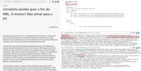 O autor de número 8 do Jornalivre é “renanweik”, mesma conta de um dos coordenadores nacionais do MBL. Na montagem: o post original do site, à esquerda ; conteúdo do código fonte da mesma postagem, no canto inferior direito; e conteúdo da página de autores do Jornalivre, no canto superior direito.