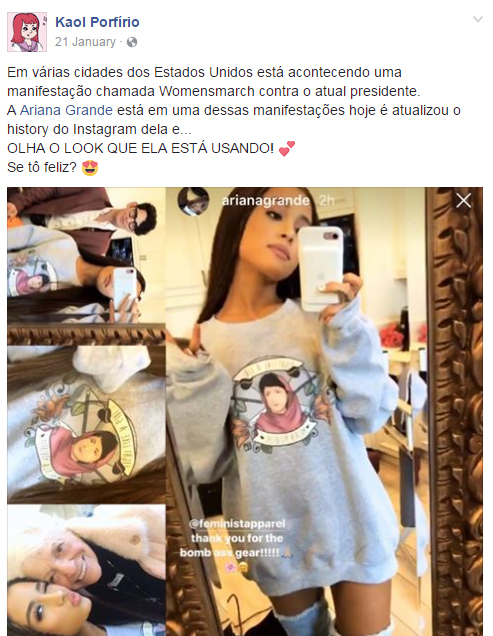 Ariana Grande compartilhou no Snapchat o seu moletom com a ilustração feita por Kaol