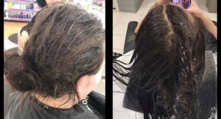 O cabelo da cliente antes de Kate arrumá-lo