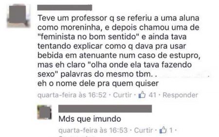 Uma das acusações de machismo e racismo feita por alunos da FGV em grupo do Facebook.