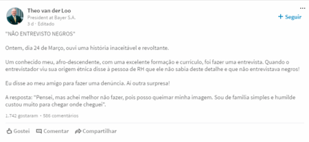 A postagem de Theo Van Der Loo gerou bastante repercussão e recebeu mais de 1.700 likes e quase 600 comentários