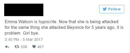 Tradução: “Emma Watson é uma hipócrita. Agora que ela está sendo atacada pelo mesmo motivo que ela atacou a Beyoncé há cinco anos, isso se tornou um problema. Tchau, garota”