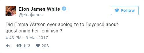 Tradução: “A Emma Watson já pediu desculpas à Beyoncé por questionar o feminismo dela?”