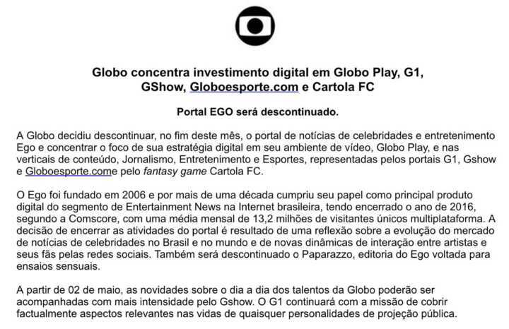 Suposto comunicado da Globo anuncia o fim dos sites EGO e Paparazzo