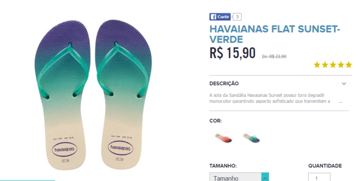 O modelo flat sunset verde da marca pode ser adquirido com desconto de 33% no outlet virtual da marca