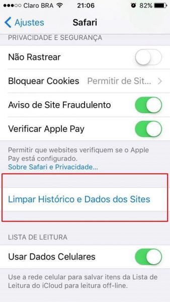 Limpe o histórico do Safari